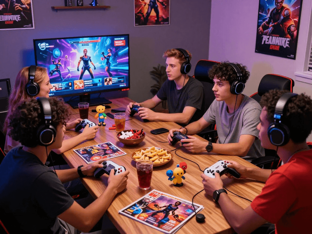 Group of friends enjoying interactive porn games in a vibrant gaming setup with controllers, snacks, and LED lights.