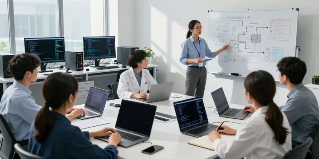 Collaborative team discussing AI strategies and models in a modern workspace focused on Enterprise AI.