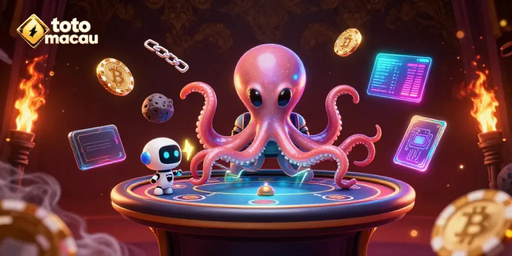 Menampilkan toto macau dalam ilustrasi 3D yang dinamis dengan alien gurita dan robot, dikelilingi koin kripto dan grafik holografik.