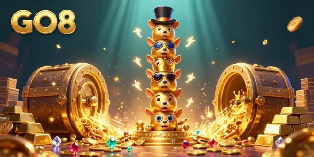 Engage with the GO8 Casino world in a dazzling illustration of a golden totem pole and treasure vault bursting with riches.