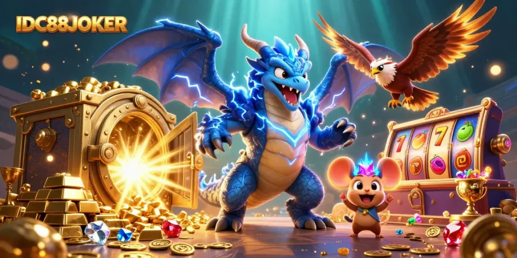 Experience thrilling casino action with IDC88JOKER's dynamic dragon, hawk, and energized symbols.