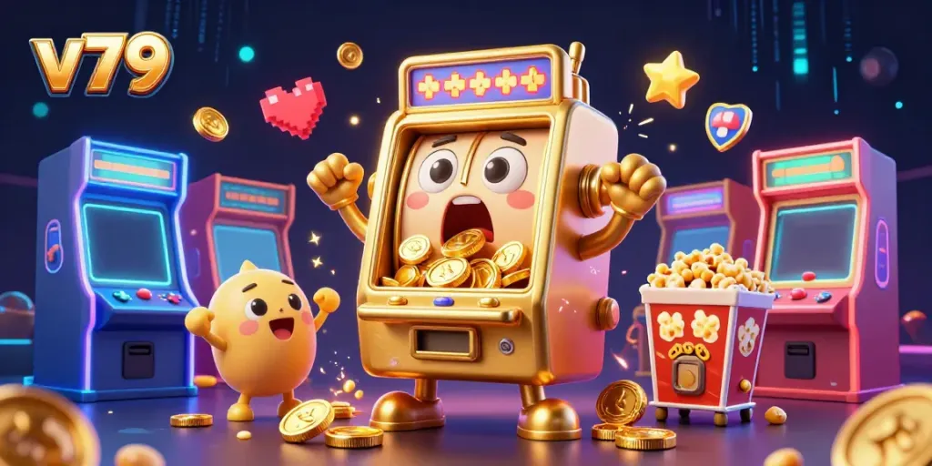 Experience the excitement of v79 in this dynamic slot machine-themed illustration with cheering baby machines.