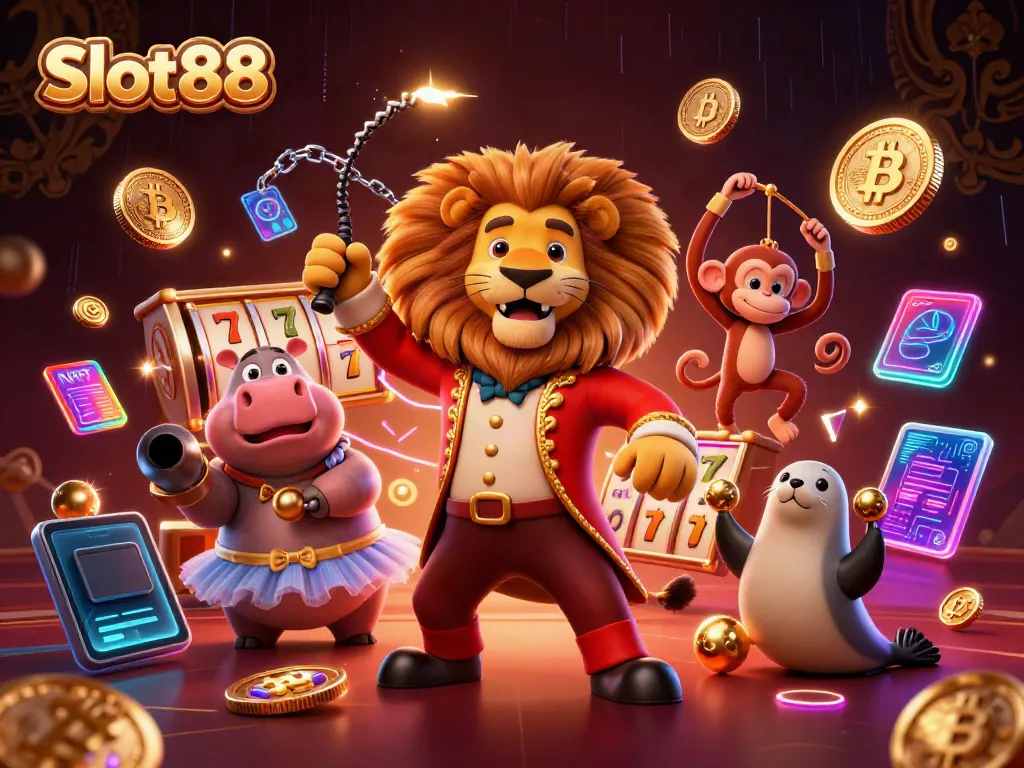 Play Slot88 with captivating characters in this vibrant 3D casino scene bursting with dynamic elements.
