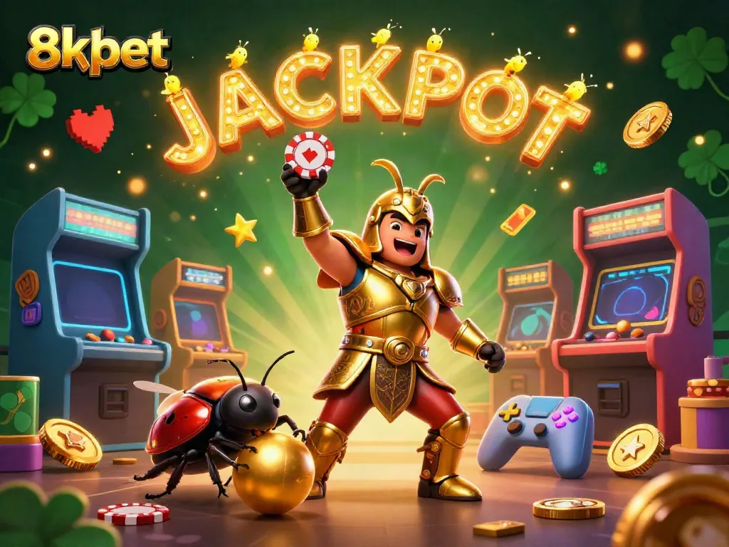 Experience the excitement of 8xbet with a victorious beetle character, casino elements, and glowing lights.
