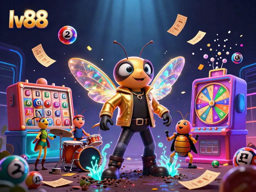 Experience the excitement of lv88 with a vibrant 3D casino scene featuring a rock star, drums, and lottery elements.