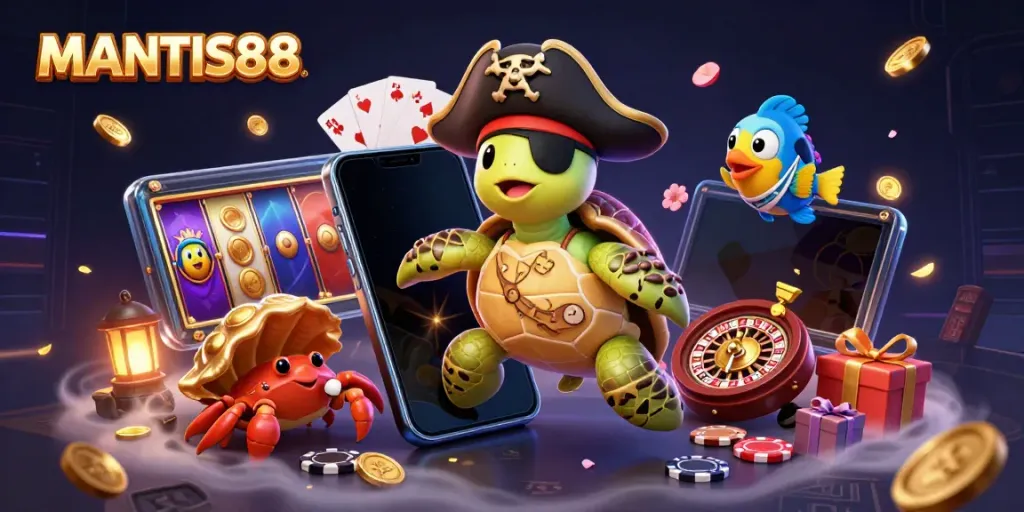 MANTIS88 showcases a vibrant online casino scene with colorful slot games and engaging characters in a lively underwater setting.