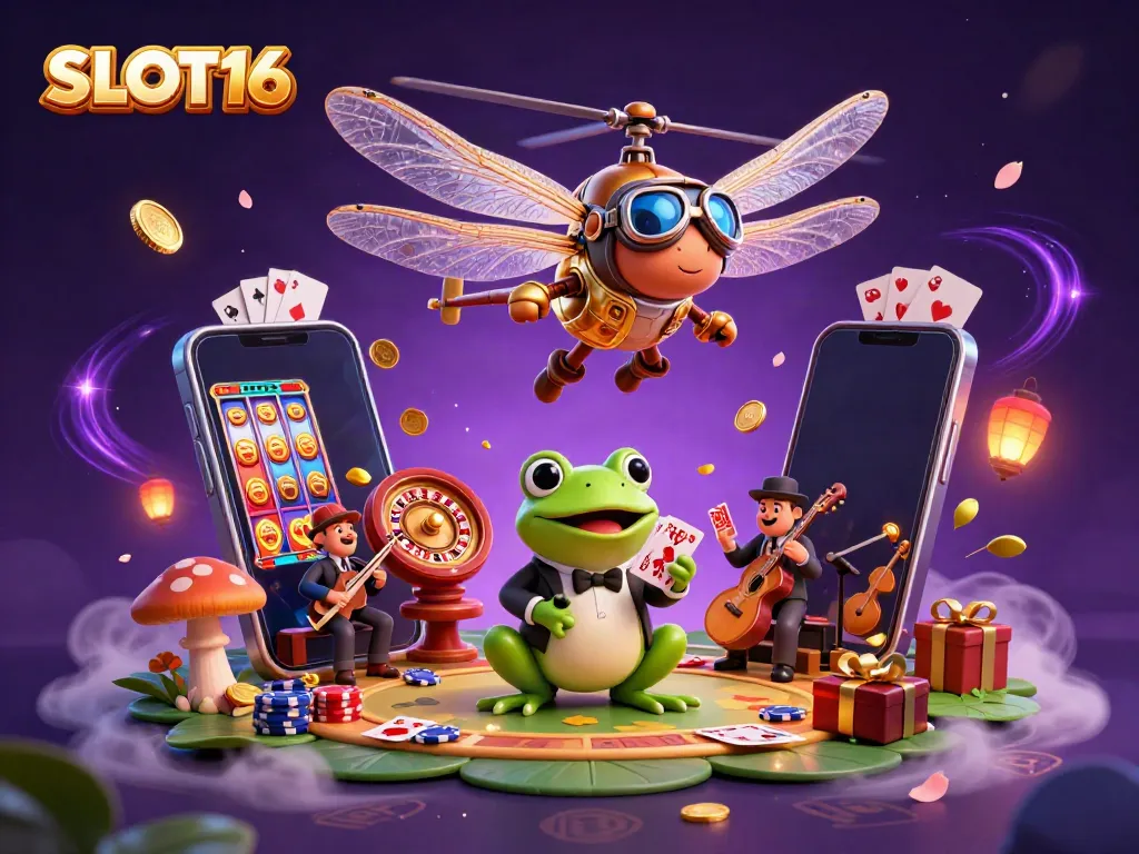 SLOT16 featuring a cartoon dragonfly pilot, frog croupier, and cricket musicians in vibrant casino scene.