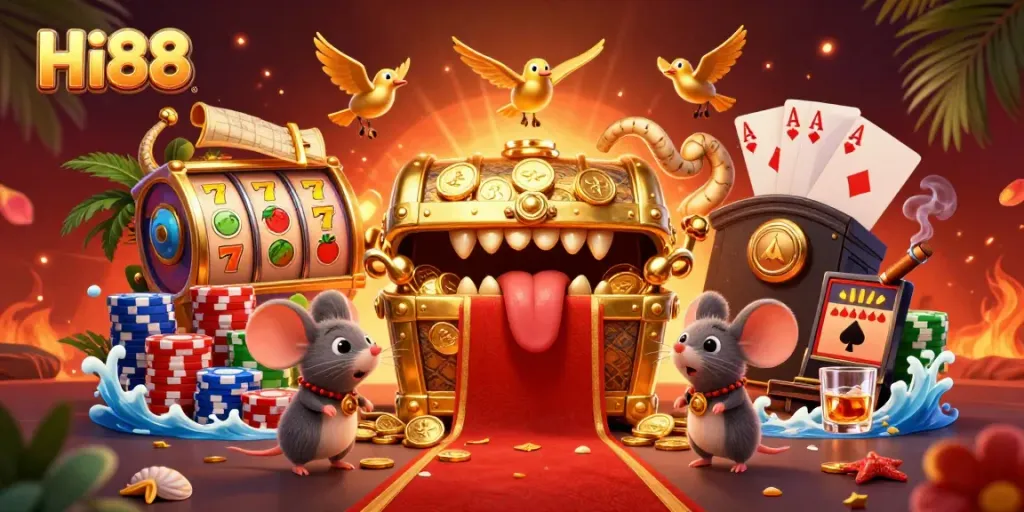 Experience the excitement of Hi88 with rich visuals of a vibrant casino scene filled with treasures and gaming