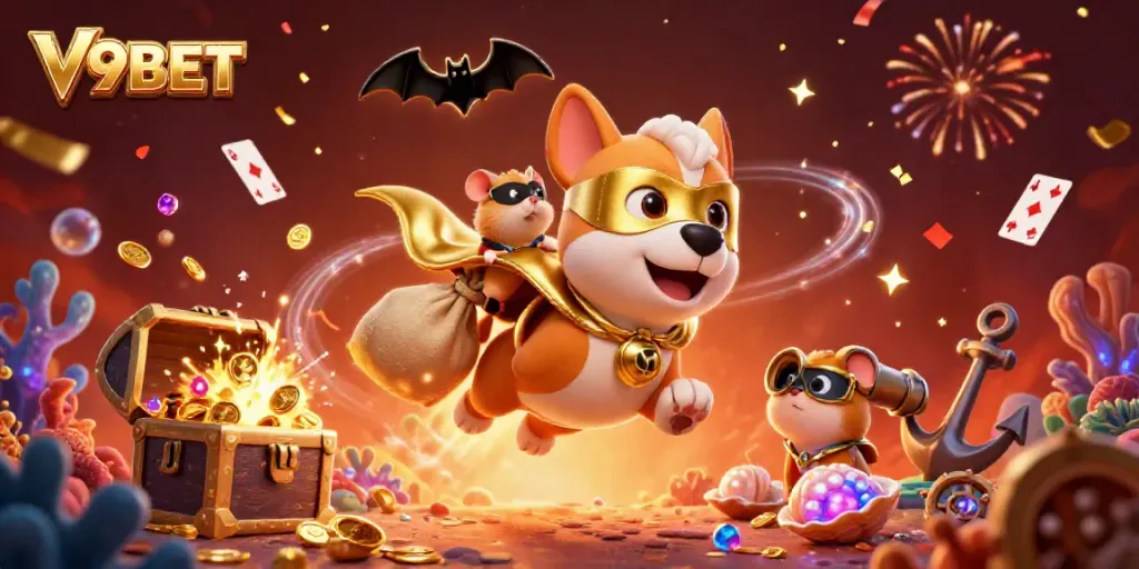 Experience thrilling wins with V9BET, featuring a heroic dog and hamster in a dynamic casino scene.