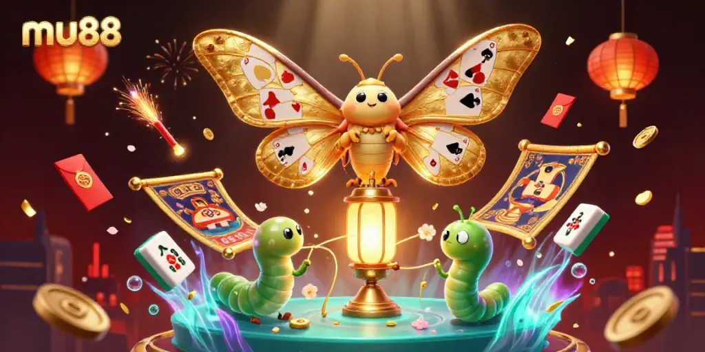Engage with mu88 as you immerse in casino adventures depicted by a golden atlas moth surrounded by gaming elements.