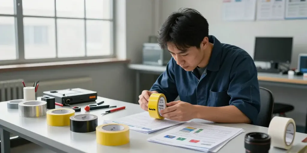 Examining Super33 Daftar vinyl electrical tape in a modern workspace.