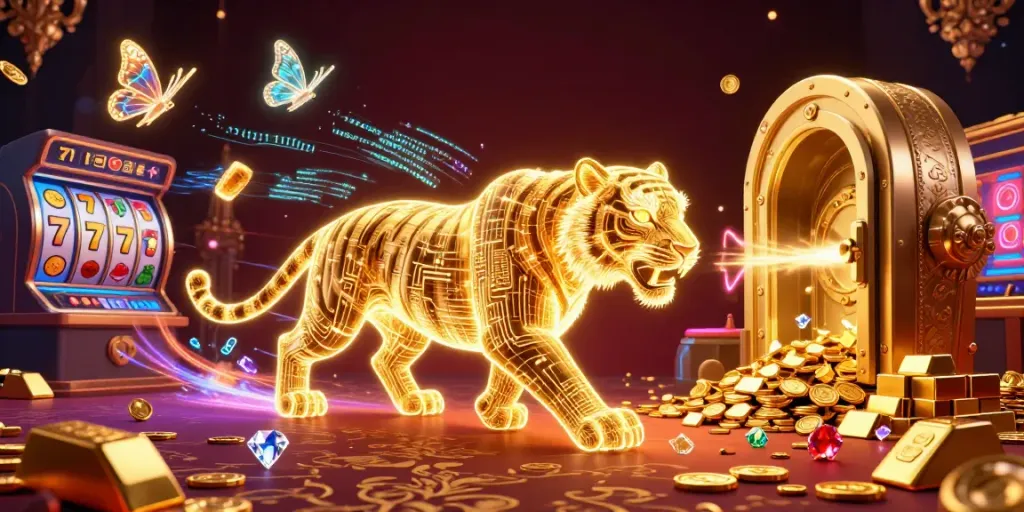 Experience thrilling gameplay in pakde4d with a vibrant golden tiger among dazzling casino elements.