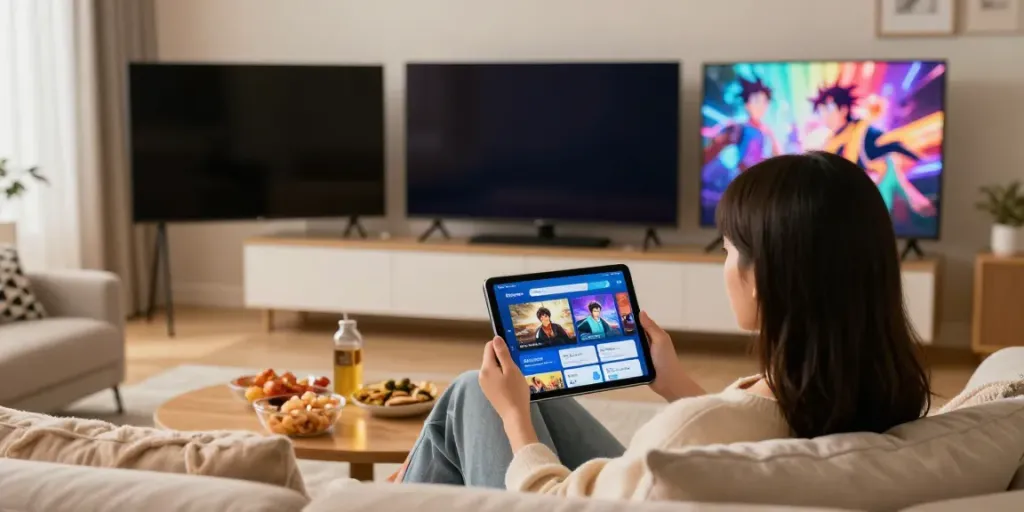 Utilisation de l'application Senpai Stream sur iPad, visionnage de films à domicile, ambiance chaleureuse et confortable.