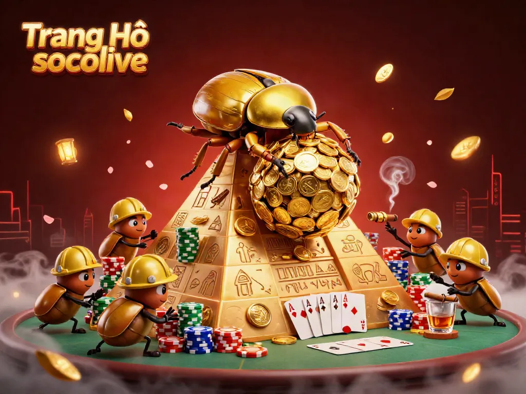 Experience the excitement of Trang Chủ socolive with a dynamic 3D casino scene filled with golden beetles and poker elements.