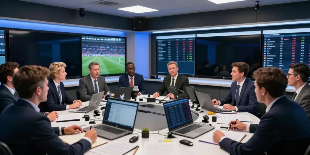 Football journalists discussing transfer news with digital displays showing player stats and updates on ข่าวกีฬาฟุตบอล.