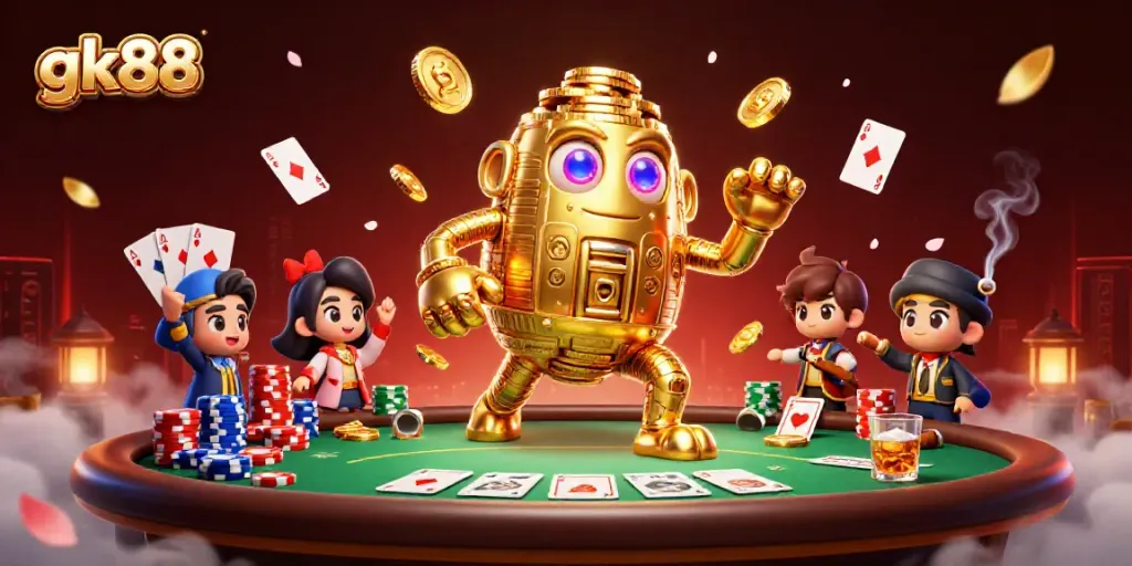 Experience the thrill of gk88 gaming with a golden golem surrounded by poker elements in a 3D casino