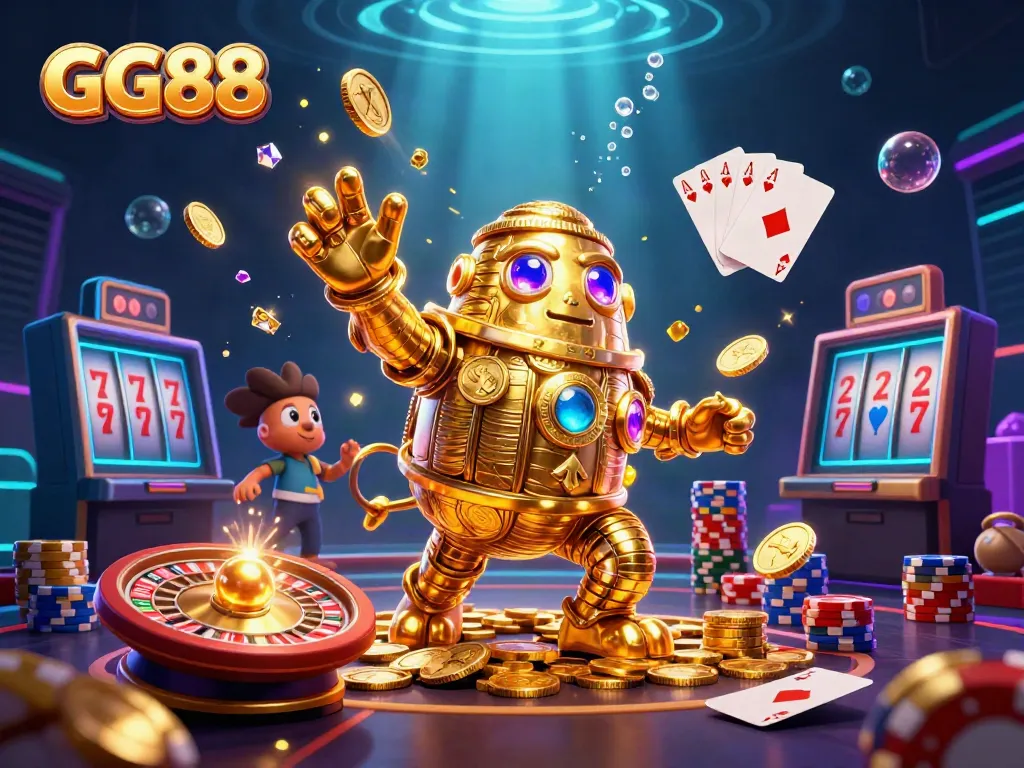 Experience thrilling wins with GG88's dynamic casino gaming adventure featuring vibrant golds and animated characters.