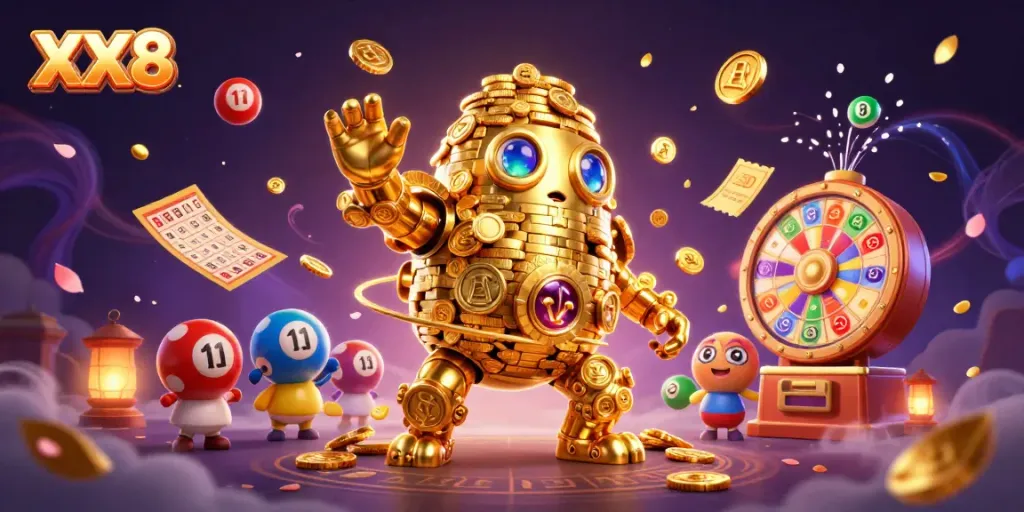 Experience big wins with XX8's vibrant online casino atmosphere, featuring a golden golem and dynamic game elements.
