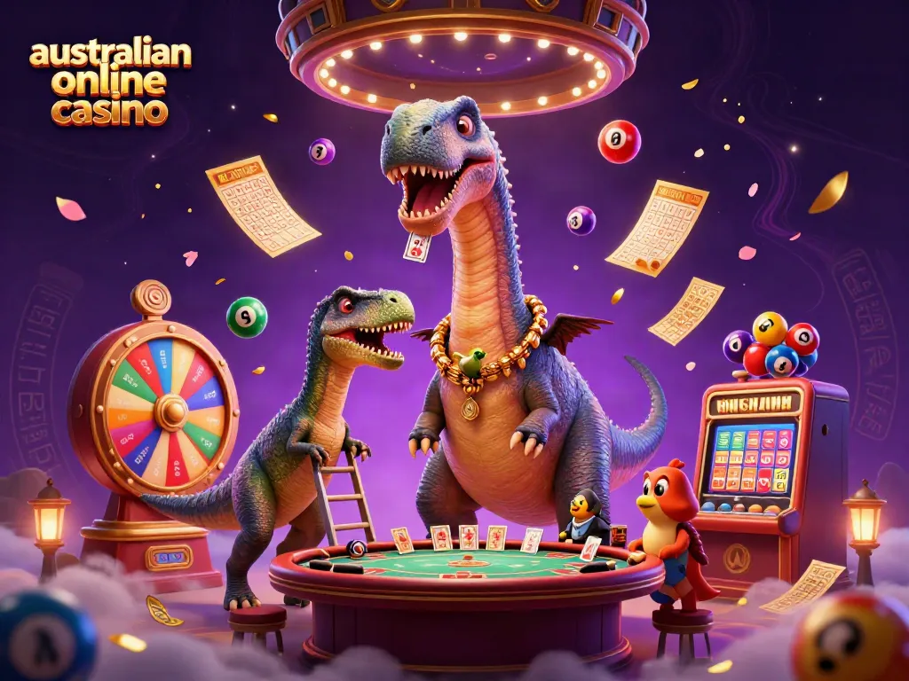 Engaging scene depicting a playful Australian online casino with a giant brontosaurus and clever raptor, filled with dynamic gaming elements.
