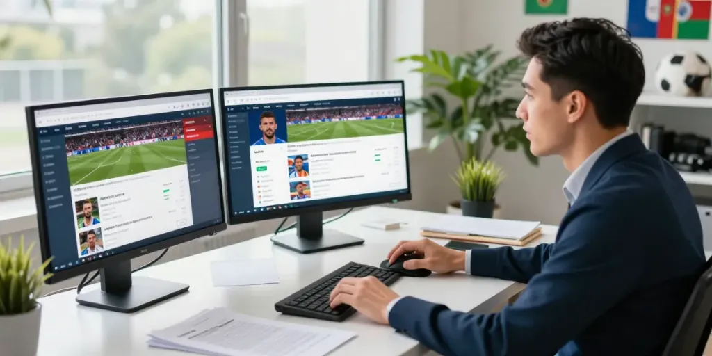 Engaging scene depicting dynamic coverage of ข่าวกีฬาฟุตบอล in a modern workspace.