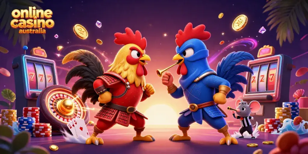 Experience thrilling moments at online casino Australia with vibrant 3D cartoon roosters and dynamic gaming elements.