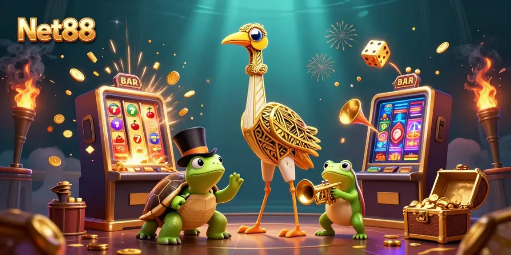 Experience big wins and excitement at Net88's online slots with colorful 3D characters and vibrant casino elements.