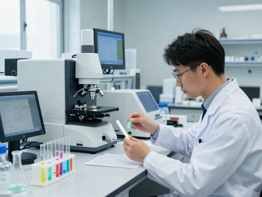 Scientist analyzing GLOW peptide samples in a modern lab, showcasing high-tech research equipment.