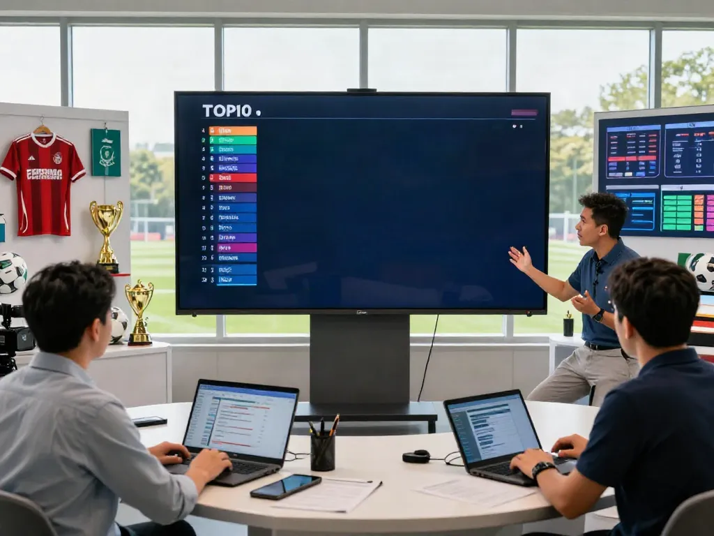 Engaging football analysis of TOP10 สโมสร with live statistics and team logos in a vibrant studio.