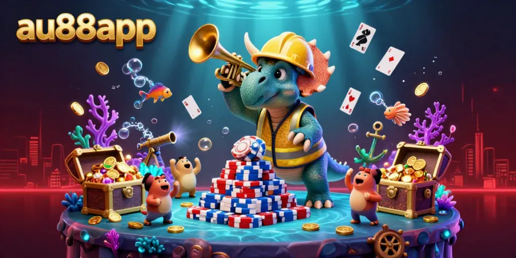 Experience the thrill of au88app with a 3D cartoon illustration of a triceratops building poker chips amidst casino-themed elements.