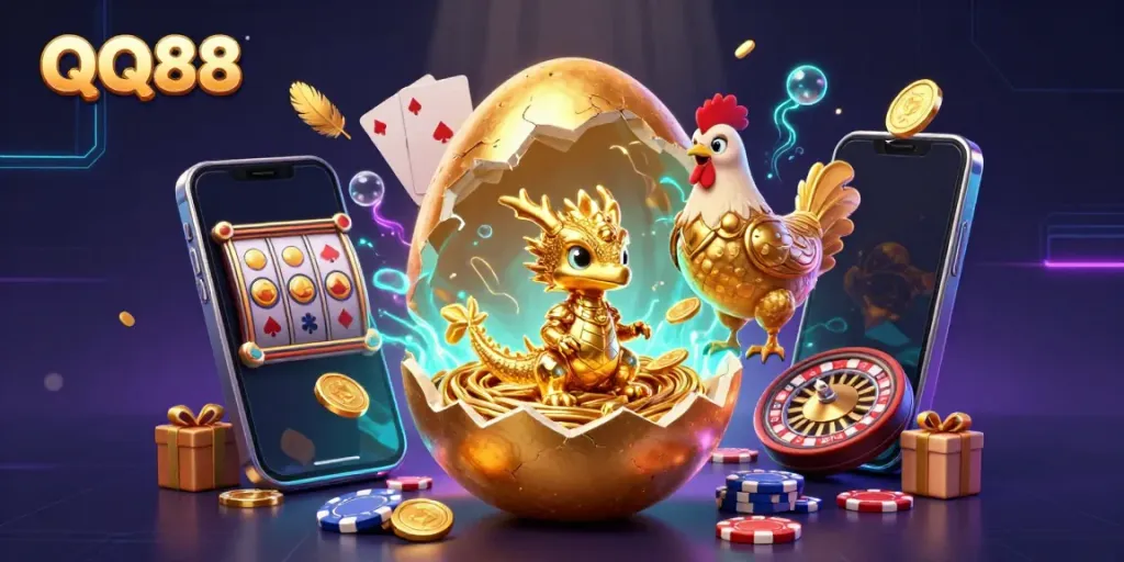 Engage with QQ88 as the baby dragon emerges from a golden egg surrounded by vibrant casino elements.
