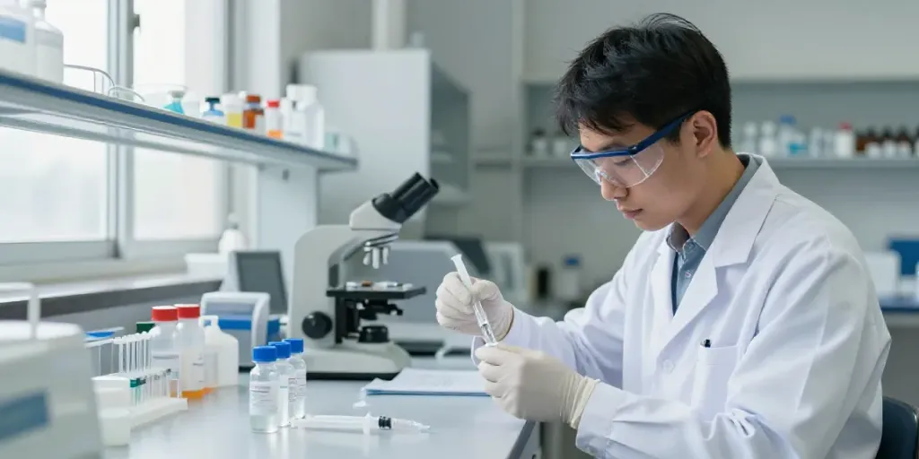 Scientist preparing swisschems peptides in a professional lab setting with organized equipment.