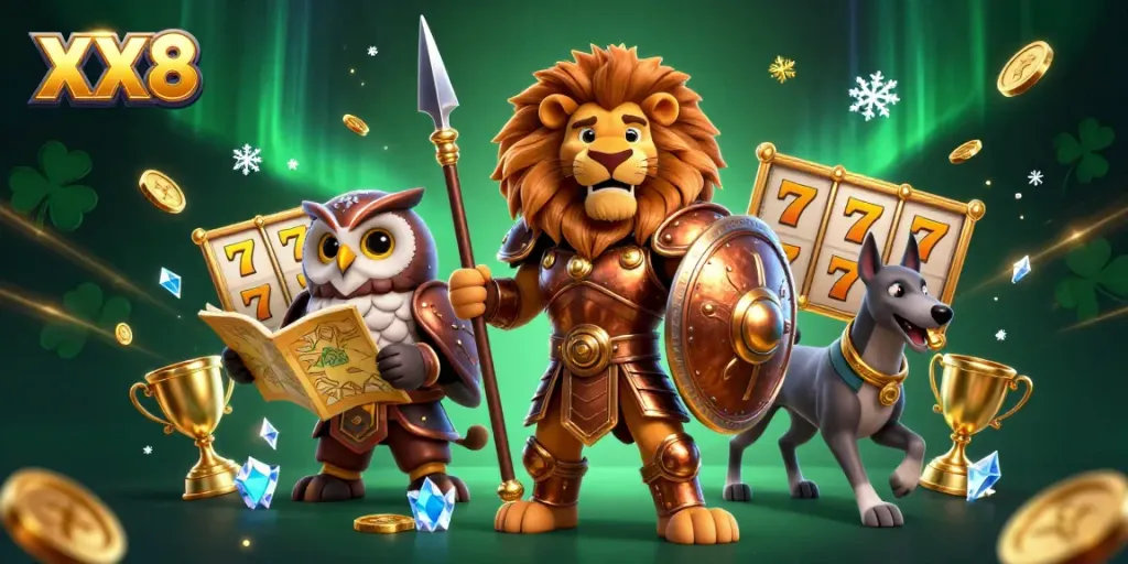 Experience the exciting XX8 online casino with thrilling games and vibrant characters in a dynamic 3D scene.