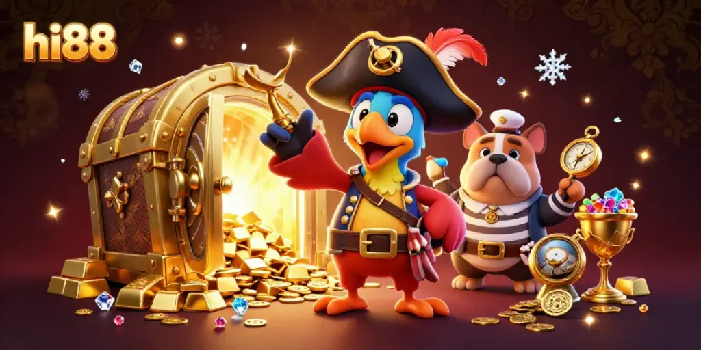 Experience thrilling adventures at hi88 with vibrant 3D characters amidst a flurry of treasure and casino elements.