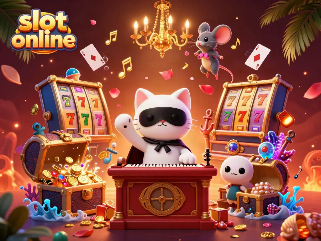 Spin to win in vibrant slot online-themed 3D illustration featuring a casino setting.