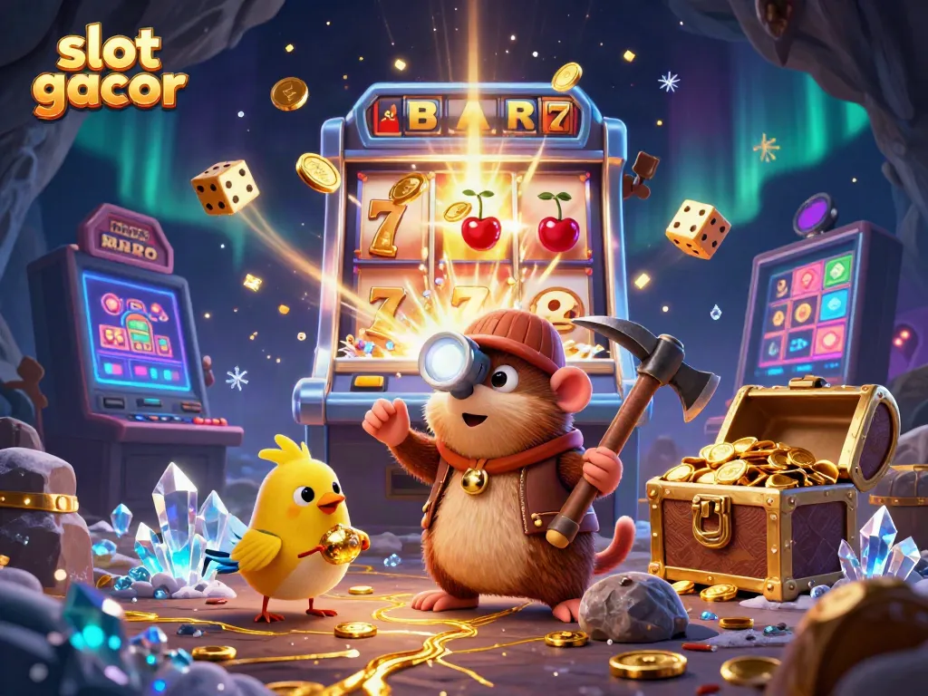 Experience thrilling slot gacor action with treasure hunters and jackpot explosions in this vibrant casino illustration.
