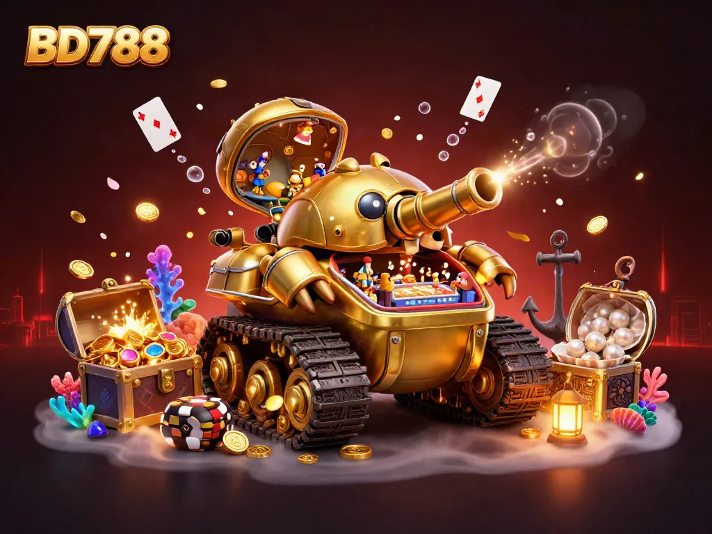 Join the excitement at BD788 with a golden beetle tank revealing a mini casino and joyous players.