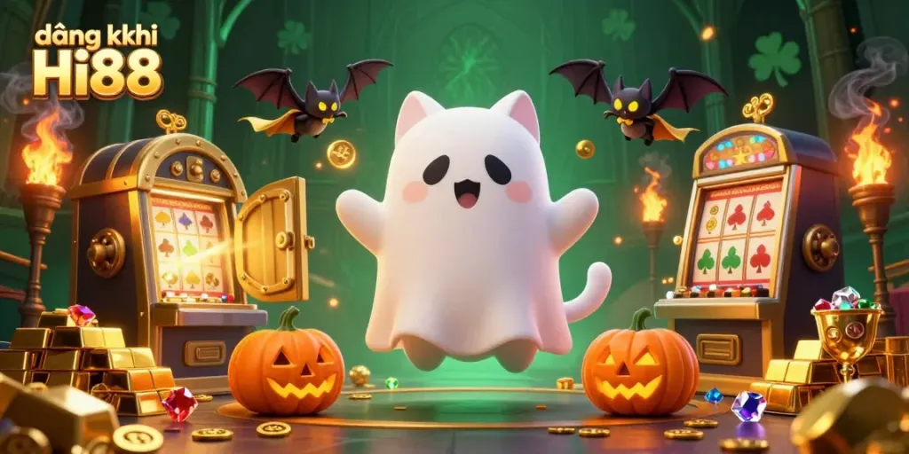 Engage in thrilling gameplay and fun with đăng ký Hi88 at a haunted casino featuring animated characters and treasures.
