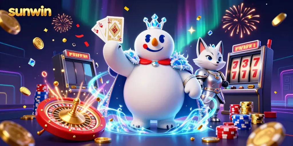 Experience the thrill of sunwin with a joyous polar bear king and fox surrounded by casino riches.
