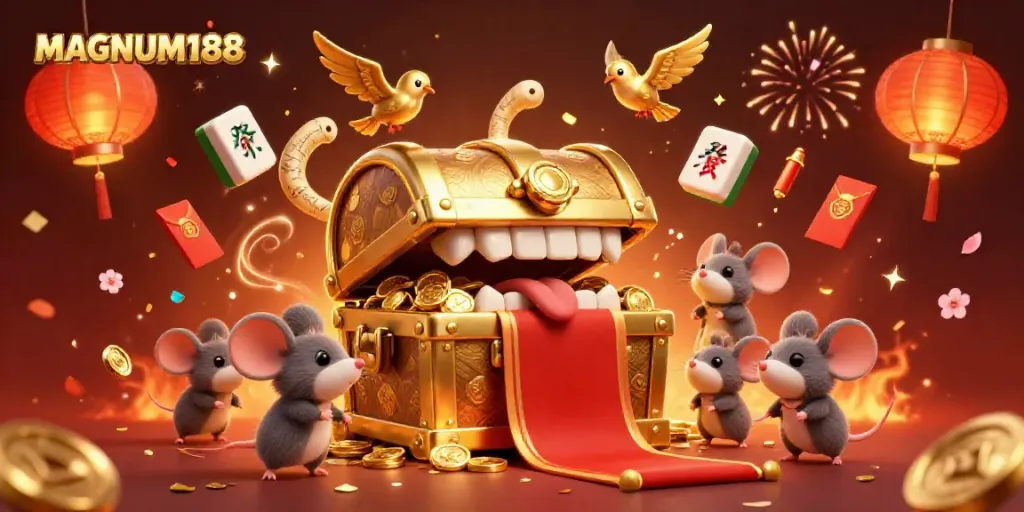 Experience the excitement of MAGNUM188 with a vibrant 3D casino scene filled with treasures and games.