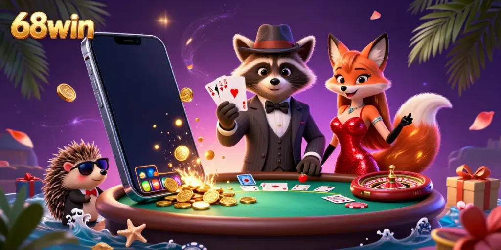 Experience thrilling gameplay with 68win's exclusive poker scene featuring a suave raccoon and glamorous fox.