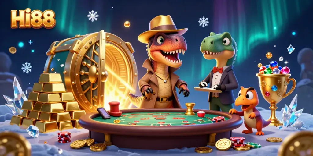Experience thrilling gameplay at HI88 with a cartoon velociraptor card counter strategizing at a blackjack table.