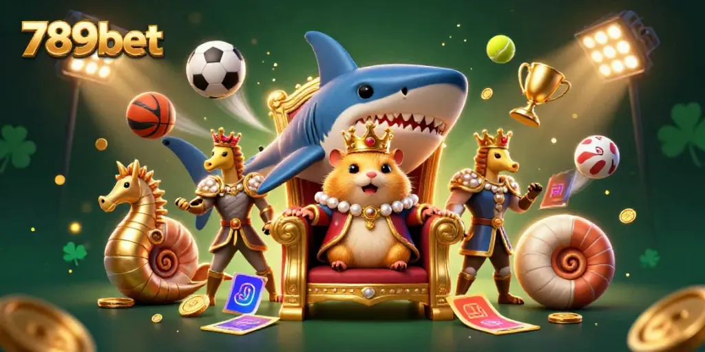 Engage in sports betting with 789bet, featuring a dynamic underwater scene of a hamster king and royal guards amidst coins and balls.