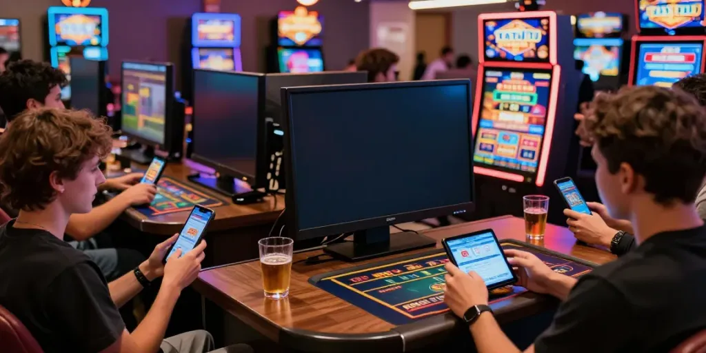 Exciting players enjoying TOTOJITU's online gambling games in a vibrant setting