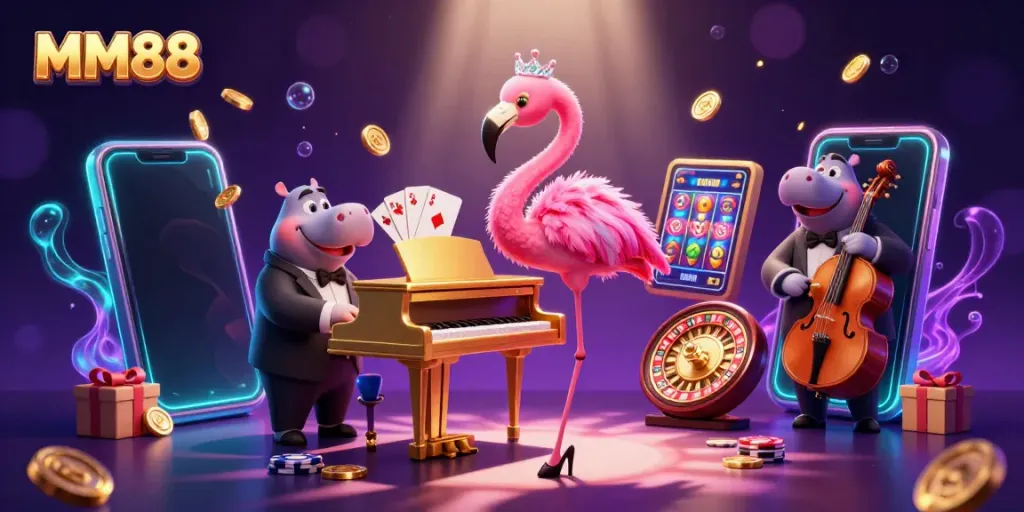Experience MM88 excitement with a vibrant lounge singer, entertaining in a colorful casino atmosphere.