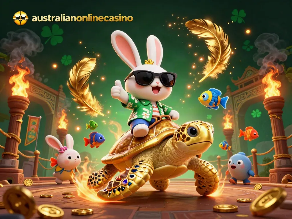Play exciting games at australianonlinecasino with a lucky rabbit and golden sea turtle in a vibrant casino scene.