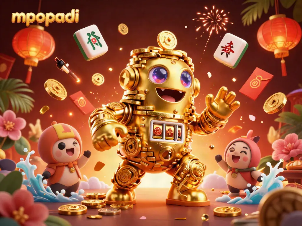 Experience thrilling gaming action with mpopadi's vibrant 3D golden golem and striking casino elements.