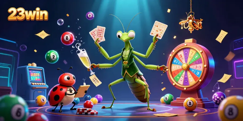 23win showcases a vibrant casino scene with dynamic characters and energetic elements of gameplay.
