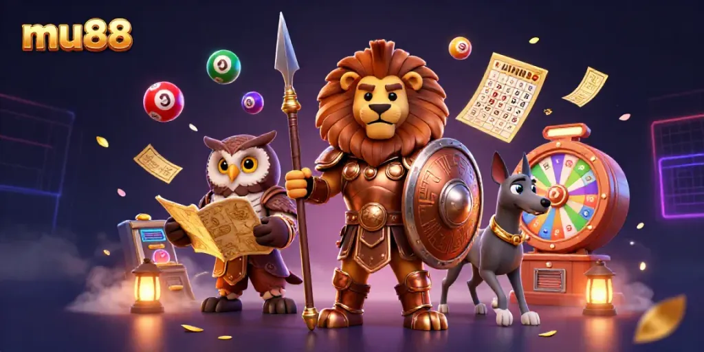 Experience the vibrant gaming energy at mu88 with a hero lion and friends, surrounded by winning lottery elements.