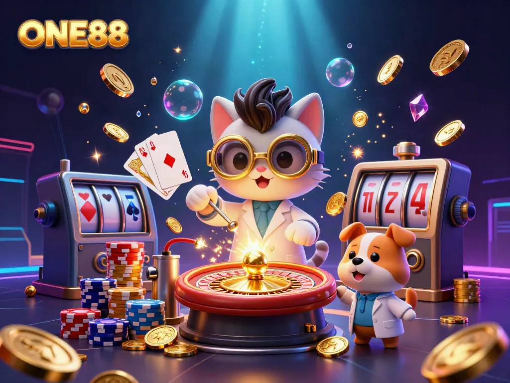 Engage with exciting gaming features at ONE88 through an adventurous cartoon scene of sparkles and excitement.