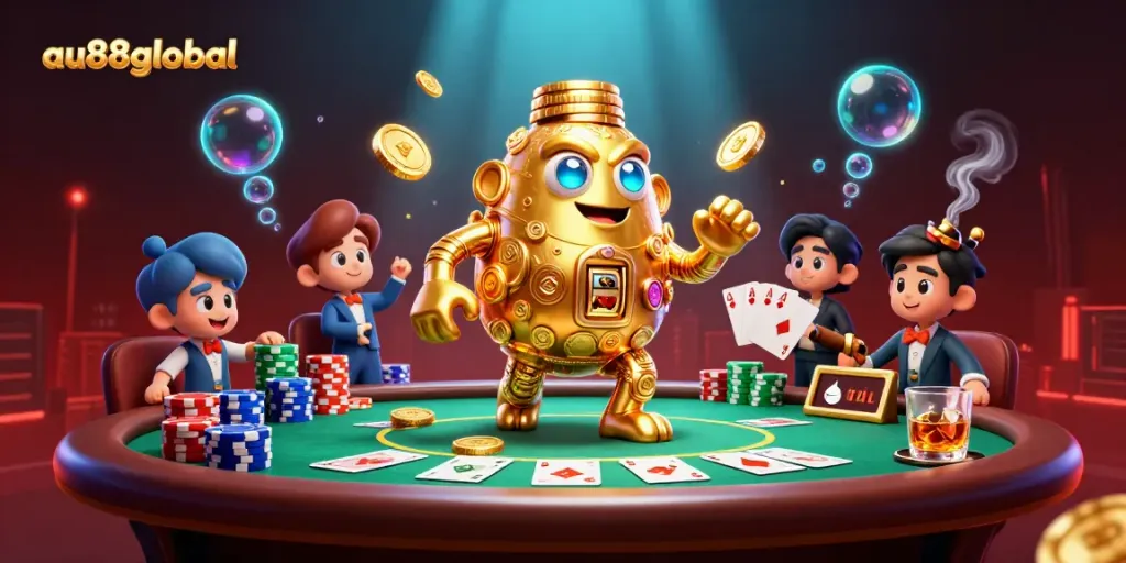 Engage in exhilarating casino action at au88global with a golden golem and poker theme.